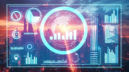 Global technology and data analytics interface displaying charts and graphs over a futuristic cityscape at sunset, symbolizing smart city innovation 4k video - Powered by Adobe