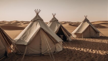 Canvas tents in a desert landscape, amidst sand dunes, bathed in warm sunlight