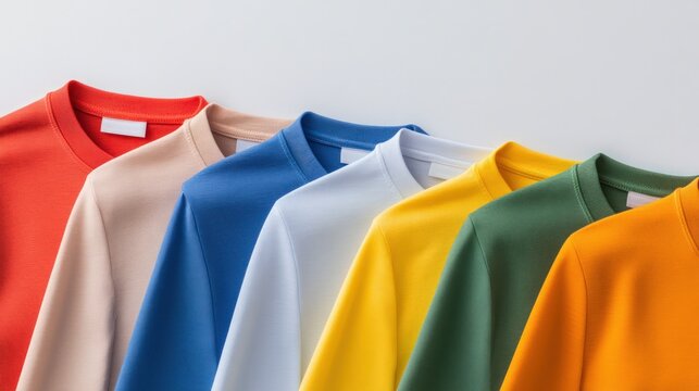 Row of various basic colored long sleeve shirts neatly arranged on white background, copy space