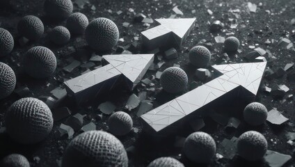 Abstract composition of arrows pointing upwards, surrounded by textured spheres on a cracked surface
