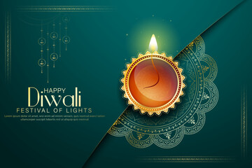 Happy Diwali - Vibrant Festival of Lights Celebration Background Poster Design With Decorative Diya.Indian Hindu Light Festival. Holiday Background. Vector Illustration.