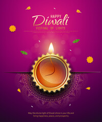 Happy Diwali - Vibrant Festival of Lights Celebration Background Poster Design With Decorative Diya.Indian Hindu Light Festival. Holiday Background. Vector Illustration.