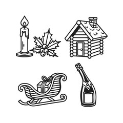 Festive winter holiday icons set including candle sleigh cabin and champagne isolated on transparent background