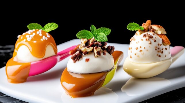 Elegant Dessert Spoons with White Chocolate Mousse, Caramel, Nuts, and Mint on a Black Background. Gourmet Food Presentation.