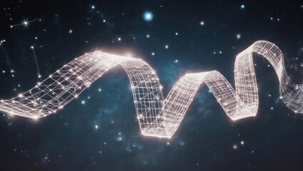 Abstract 3D rendering depicts a glowing wireframe ribbon against a starry cosmic background
