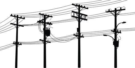 Utility poles silhouette, electrical wires illustration, power distribution artwork, electricity infrastructure, 