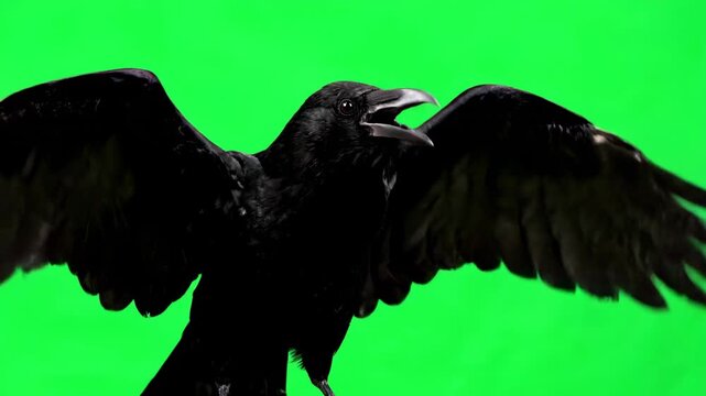 A large black crow cawing aggressively and flapping its wings, isolated on green screen avian, isolated, fantasy
