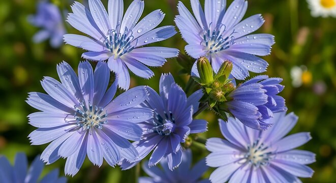 Beautiful blue chicory flowers blooming in a sunny garden.