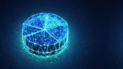 Abstract, glowing blue pie chart constructed from lines, dots, and geometric shapes, floating on dark background