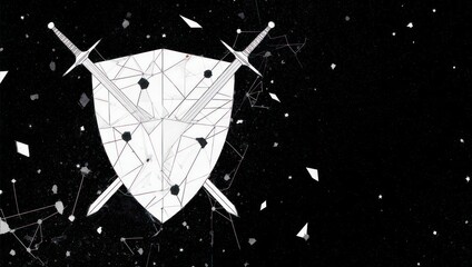Abstract geometric illustration featuring a shield and two crossed swords against a dark background