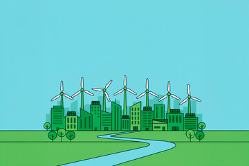 Horizontal sustainability vector banner with a green city and renewable energy.