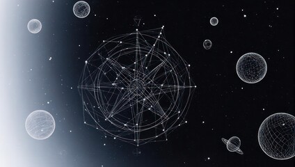 Abstract geometric structure with connected dots and spheres in a dark, space-like setting