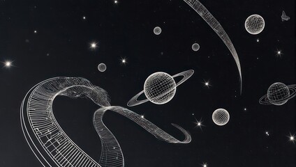 Abstract depiction of a wireframe universe with celestial bodies and orbital paths