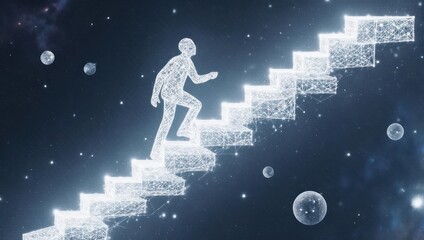 Abstract illustration of a person ascending glowing stairs against a cosmic, starry backdrop