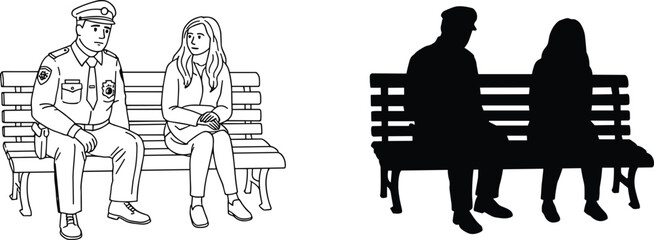 Police officer sitting on bench talking with woman, law enforcement community safety communication trust illustration with silhouette version public service design