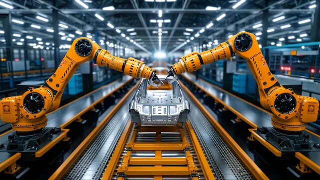 Two robotic arms assemble a car body on an automated assembly line in a modern factory setting 4k video