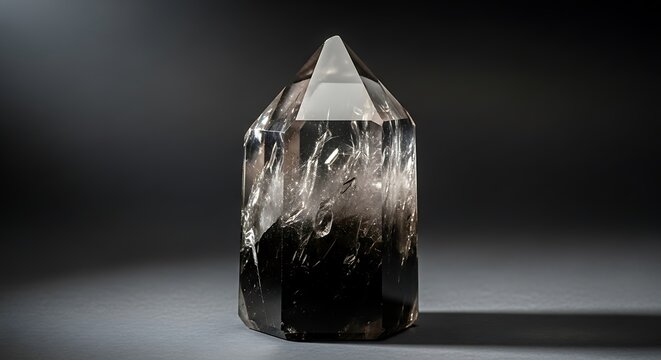 A clear quartz crystal with dark inclusions and a faceted top.