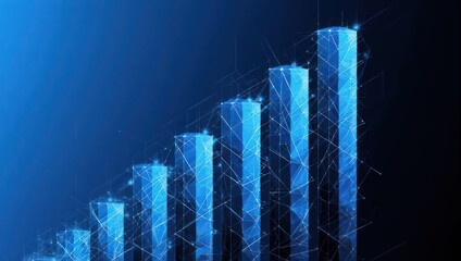 Abstract blue bar chart with rising trend, connected by lines, against a dark blue background