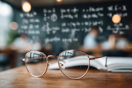 Eyeglasses on open book with blurred chalkboard in background, ideal for educational visuals, academic websites, or creative intellectual projects.