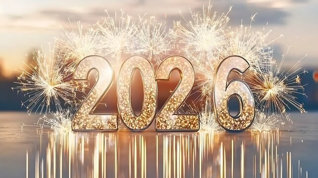 Elegant 2026 numerals glowing in sparkler style surrounded by metallic fireworks - Powered by Adobe