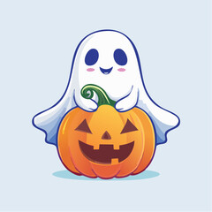 Fototapeta premium Cute cartoon ghost hugging an orange jack-o'-lantern pumpkin with a happy, friendly expression, against a light blue background.