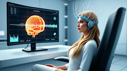 A woman with a futuristic headset connected to a monitor displaying brain activity and data in a laboratory setting 4k video - Powered by Adobe