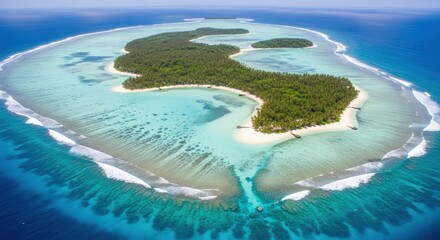 Obraz premium Aerial view of a lush green tropical island paradise surrounded by crystal clear turquoise waters and vibrant coral reefs.