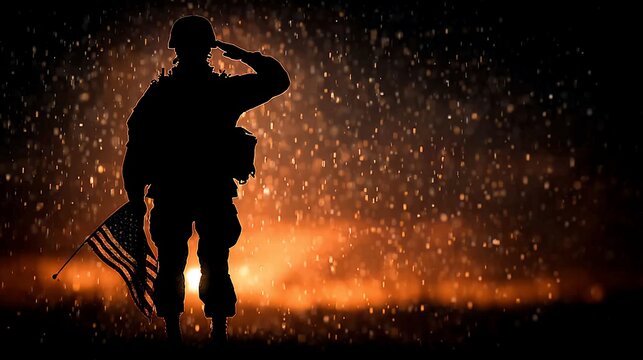 Silhouette of a soldier saluting with the american flag in a somber and respectful tribute