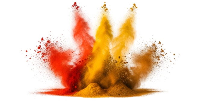 Flying colorful spice powders—red chili, turmeric, and cumin—bursting in midair, isolated on white background, PNG.