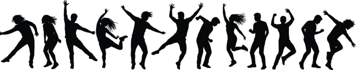 Silhouettes of dancing people in various energetic poses, happy men and women jumping, enjoying music, celebrating party, dance crowd vector illustration design