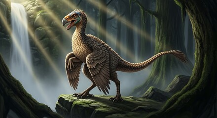 A prehistoric raptor dinosaur stands on a mossy rock in a sunlit forest.
