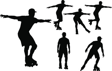 Silhouettes of man roller skating in various poses, balance, outdoor sport, recreation, fun activity, fitness, movement, lifestyle, urban street exercise vector