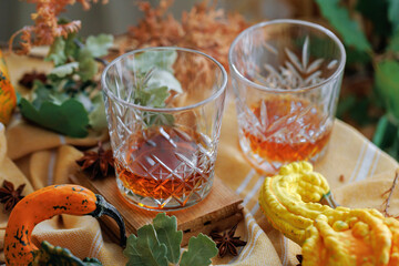 Two whiskey glasses with oak leaves, squash, and star anise on warm striped fabric and wooden coaster
