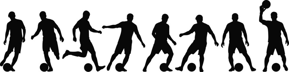 Silhouettes of soccer players in different football poses with ball, active sportsman vector design for fitness, training, competition, exercise, teamwork, and activity