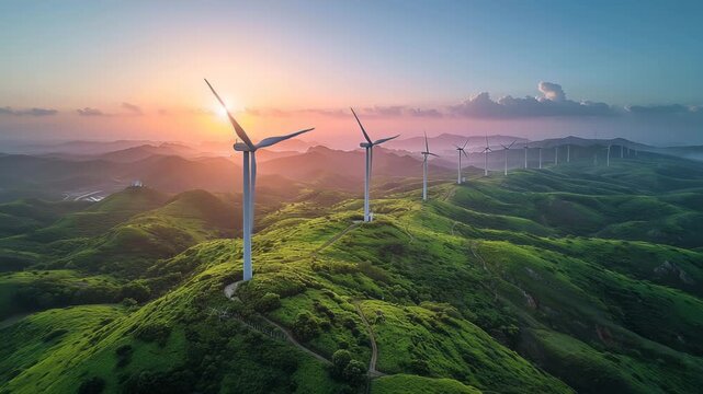 Panoramic aerial view of a wind farm on rolling green hills at sunset, with wind turbines stretching into the distance 4k video