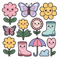 Cute kawaii flowers butterflies rain boots umbrella and clouds illustration