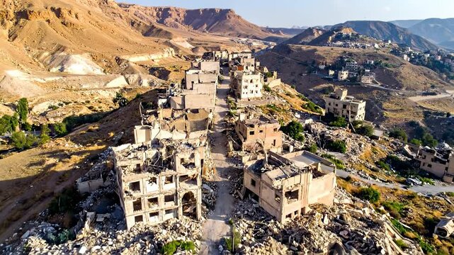Aerial Drone View of a Destroyed City in a War Zone.