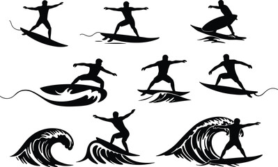Surfing silhouettes with wave forms, water sport vector, black icons, dynamic board poses, barrel and crest scenes, aquatic adventure, beach culture concept