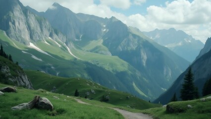 Obraz premium Lush green valley winding through the majestic Alps mountains in summer