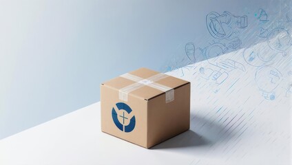 Fototapeta premium Brown cardboard box on a white surface against a light blue background with abstract graphics