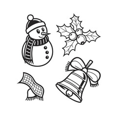 Christmas festive icons outline silhouette snowman bell gift and reindeer for holiday design isolated on transparent background