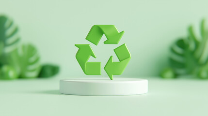 3D recycle icon on green background with tropical leaves. Eco-friendly sustainability concept with copy space