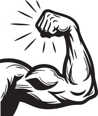 Black and White Illustration of a Flexing Bicep Muscle with Radiating Lines strength on white background also transparent background