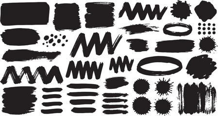 Collection of Black Ink Brush Strokes and Splatter Textures Keywords: brush stroke, ink, splatter, texture, abstract, grunge, paint, stain, splash, on white background also transparent background © PixelSaga MH2 