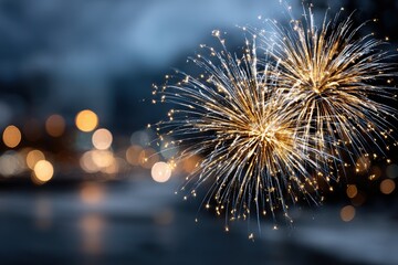 Golden fireworks over blurred city lights at night, ideal for holiday cards, party posters, or celebration-themed marketing visuals.
