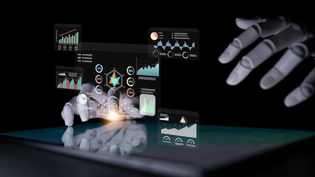 An AI data analytics interface for visualizing business performance metrics. A collection of AI generated charts for strategic reporting and analysis. Motif
