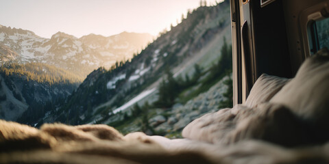 Breathtaking mountain view from a van during a camping adventure in nature at sunrise