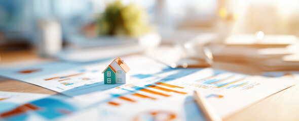 Miniature house on financial documents with colorful charts and graphs. Real estate investment and home project planning concept
