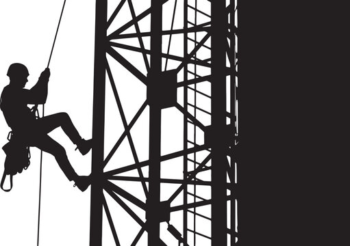 Silhouette of a person rappelling down a metal tower structure climber industrial on white background also transparent background