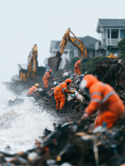 Climate catastrophe. Workers in bright orange suits are cleaning debris and repairing coastal damage caused by a recent severe storm